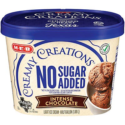 slide 1 of 1, H-E-B Creamy Creations No Sugar Added Light Ice Cream - Intense Chocolate, 1/2 gal