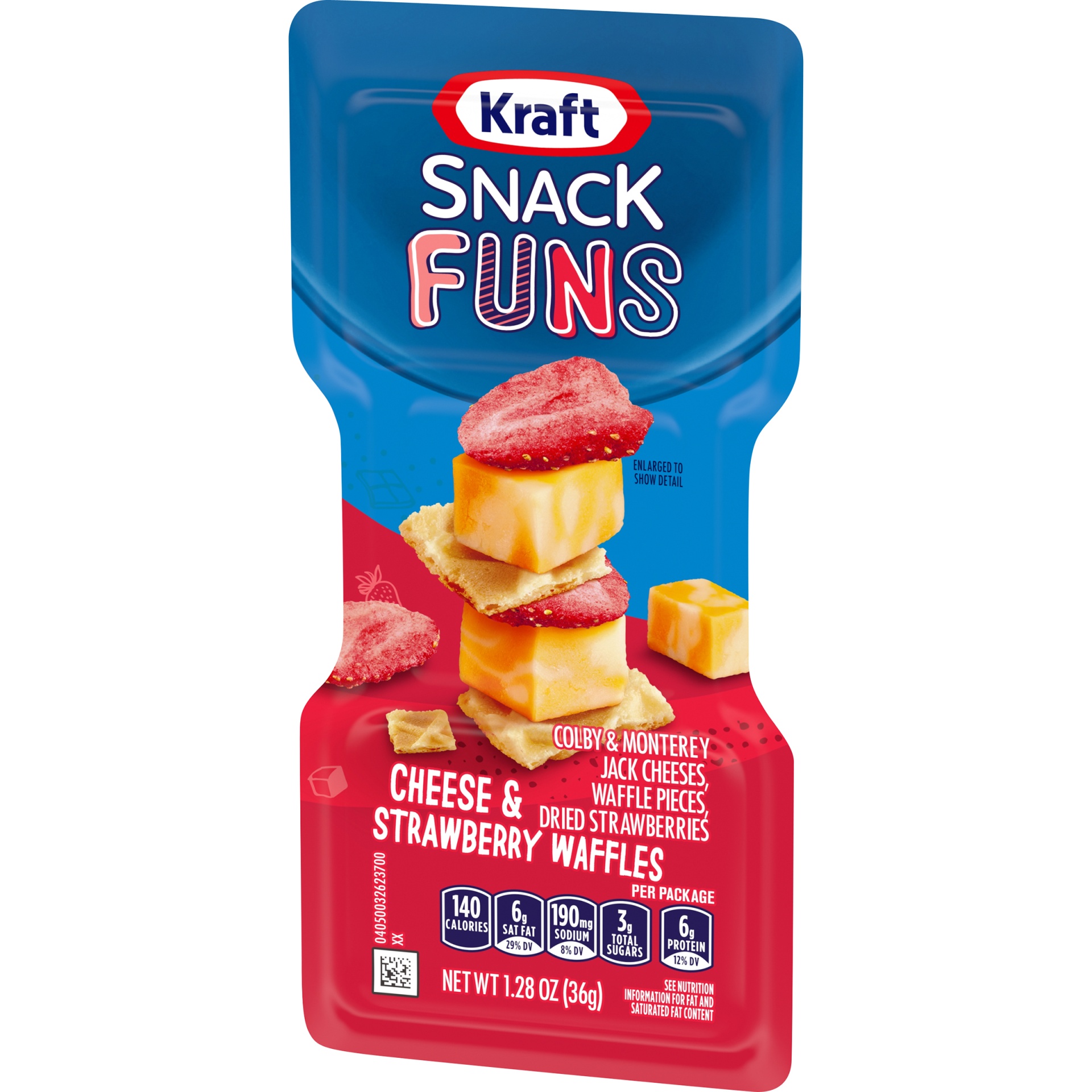 slide 3 of 6, Kraft Trios Snack Funs Cheese & Strawberry Waffles Snack Pack with Colby & Monterey Jack Cheeses, Waffle Pieces & Dried Strawberries Tray, 1.28 oz