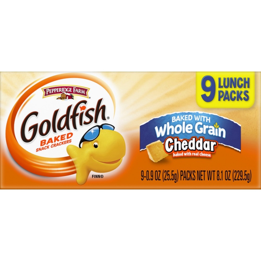 slide 2 of 7, Goldfish Cheddar Whole Grain Baked Snack Crackers, 9 ct; 0.9 oz