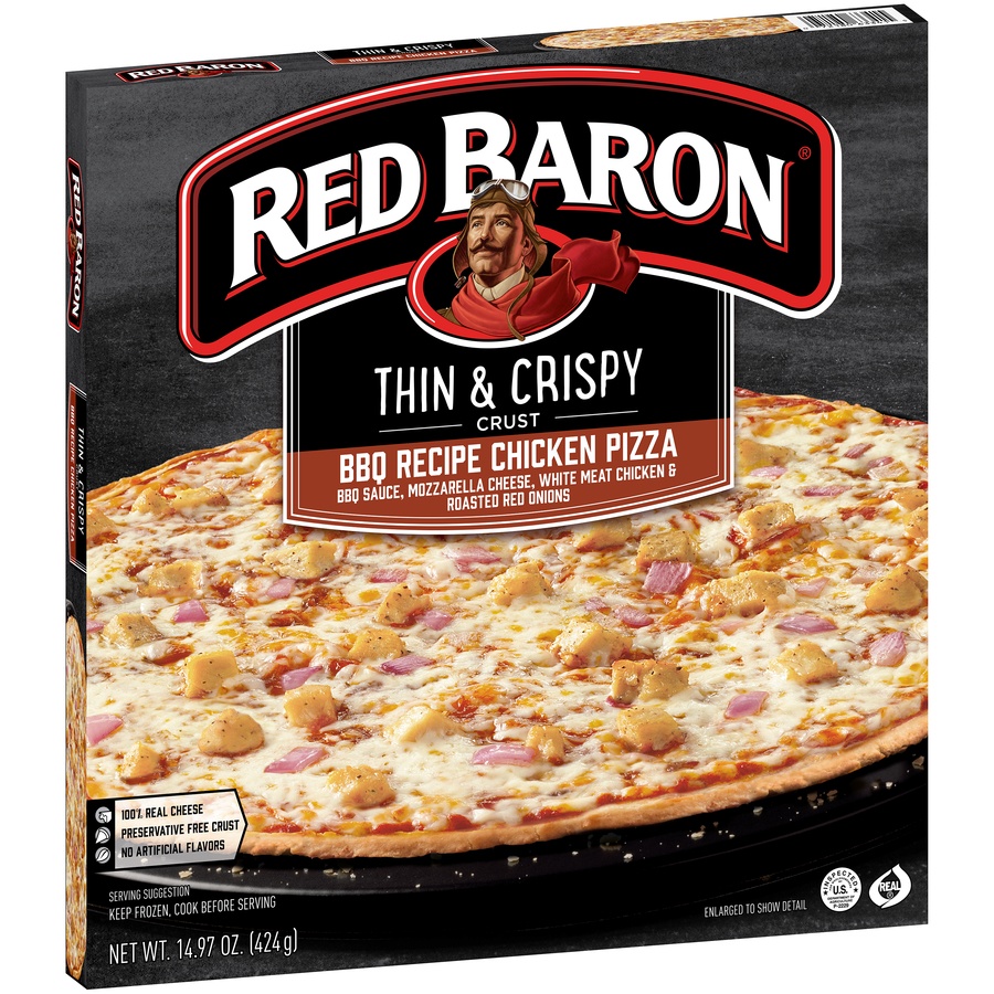 slide 2 of 9, Red Baron Thin & Crispy BBQ Style Chicken Pizza, 14.97 oz