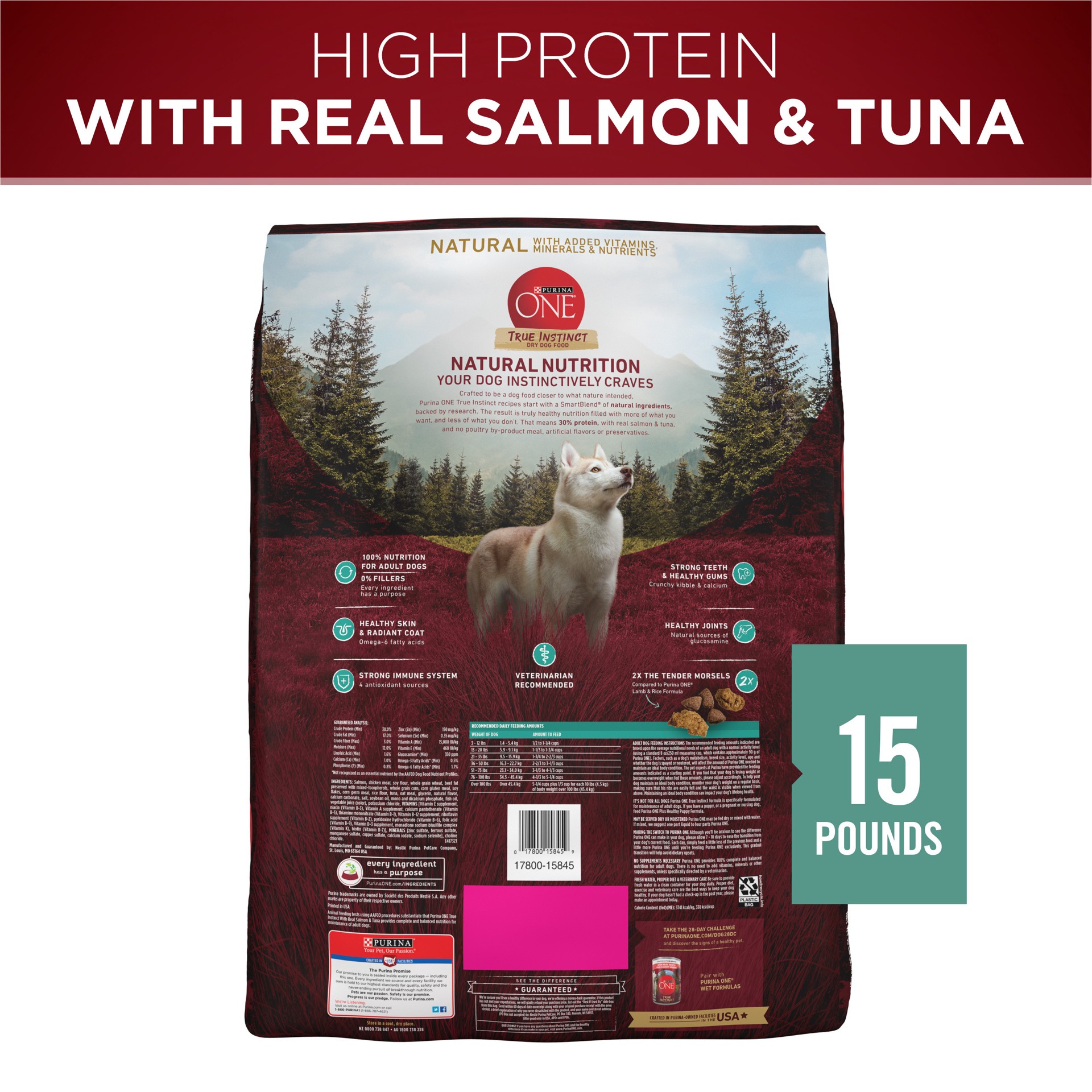 slide 3 of 8, Purina ONE High Protein, Natural Dry Dog Food, True Instinct With Real Salmon & Tuna - 15 lb. Bag, 15 lb