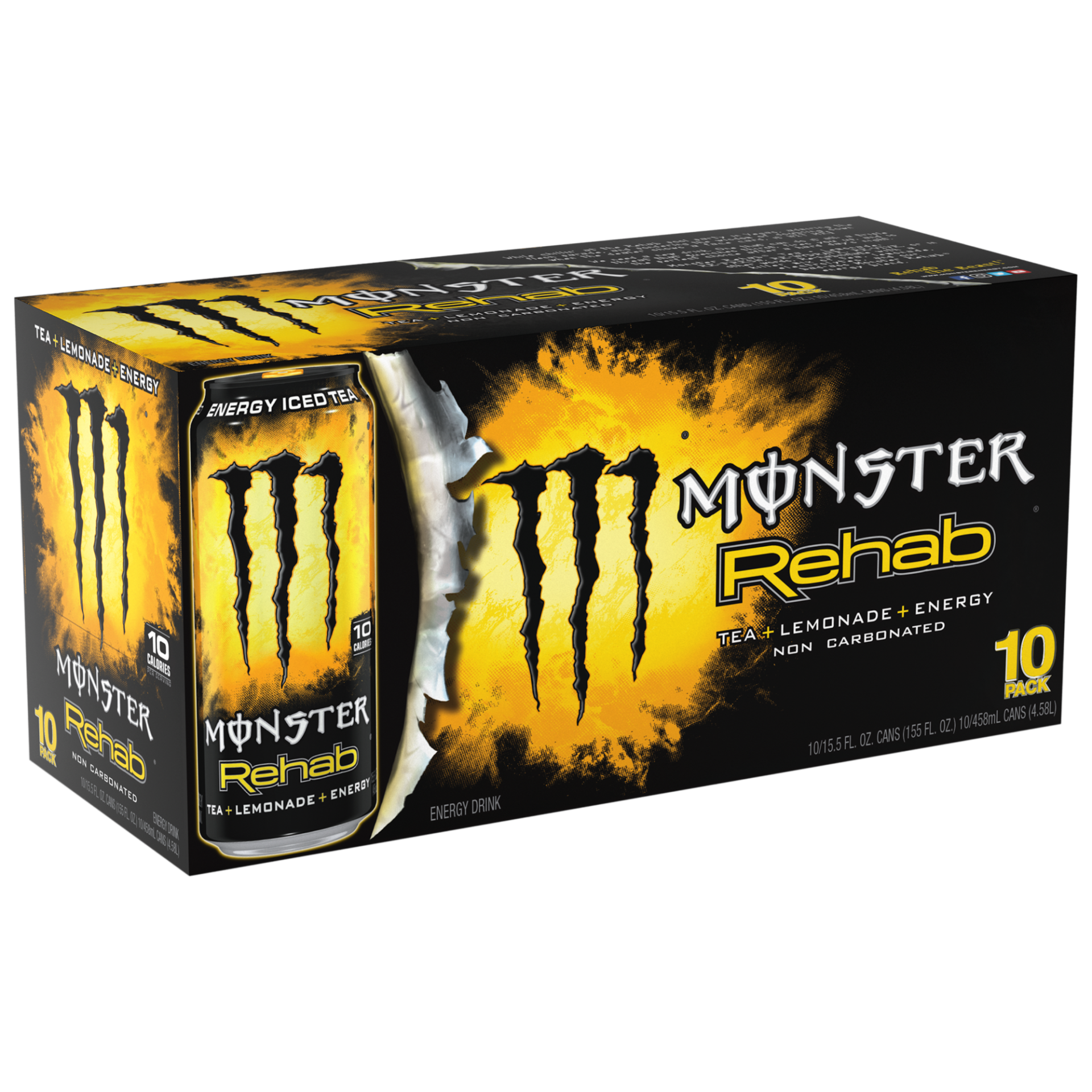 slide 1 of 1, Monster Energy Monster Rehab Lemonade, Energy Iced Tea (Pack of 10, 15.5 oz