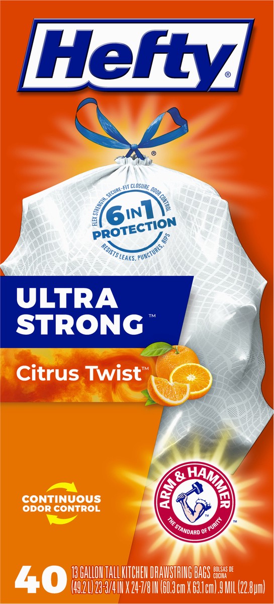 slide 5 of 9, Hefty Ultra Strong 13 Gallon Drawstring Citrus Twist Tall Kitchen Bags 40 ea, 40 ct