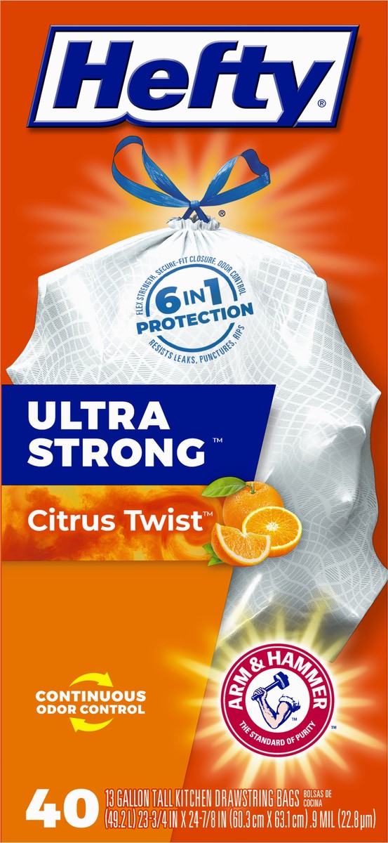 slide 6 of 9, Hefty Ultra Strong 13 Gallon Drawstring Citrus Twist Tall Kitchen Bags 40 ea, 40 ct