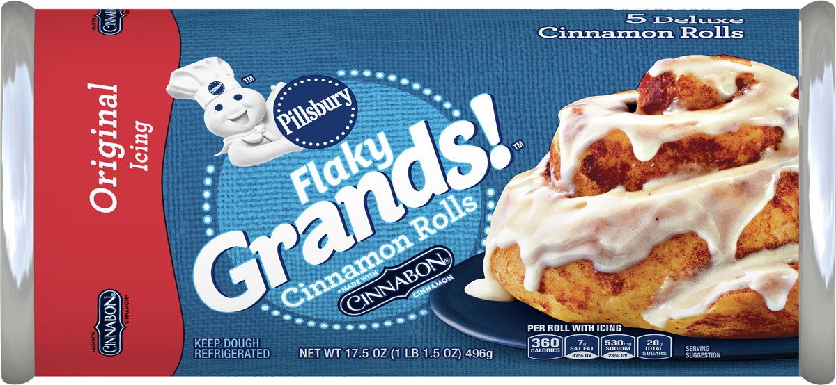 slide 12 of 13, Pillsbury Flaky Grands! Cinnamon Rolls with Cinnabon Cinnamon and Original Icing, Refrigerated Canned Pastry Dough, 5 ct, 17.5 oz, 5 ct