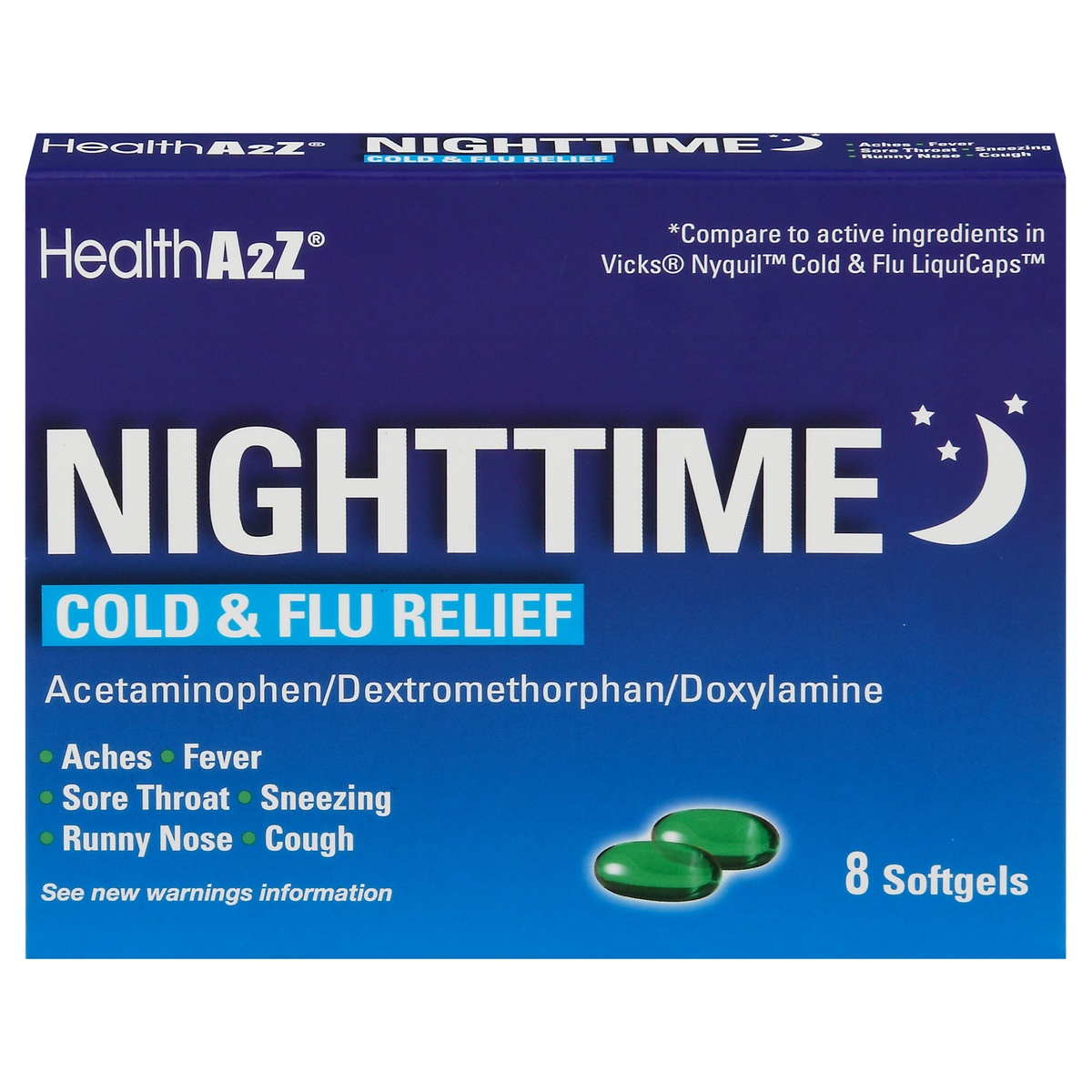 slide 1 of 1, Health A2Z Nighttime Cold&Flu Relief Softgels, 8 ct