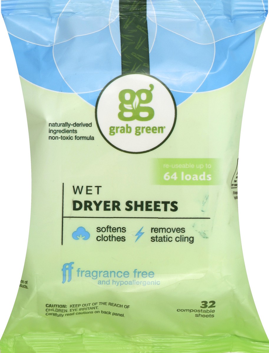 slide 2 of 5, Grab Green Fragrance Free Wet Dryer Sheets, 32 ct