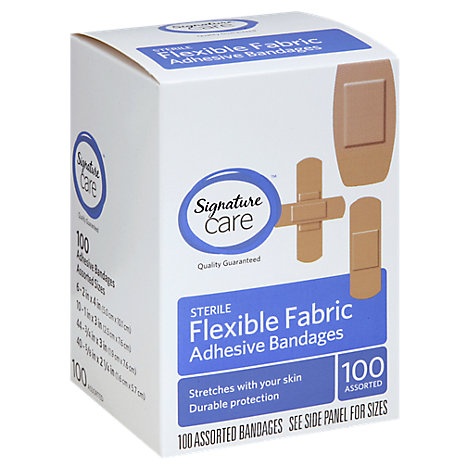 slide 1 of 1, Signature Care Adhesive Bandages Flexible Fabric Sterile Assorted, 100 ct