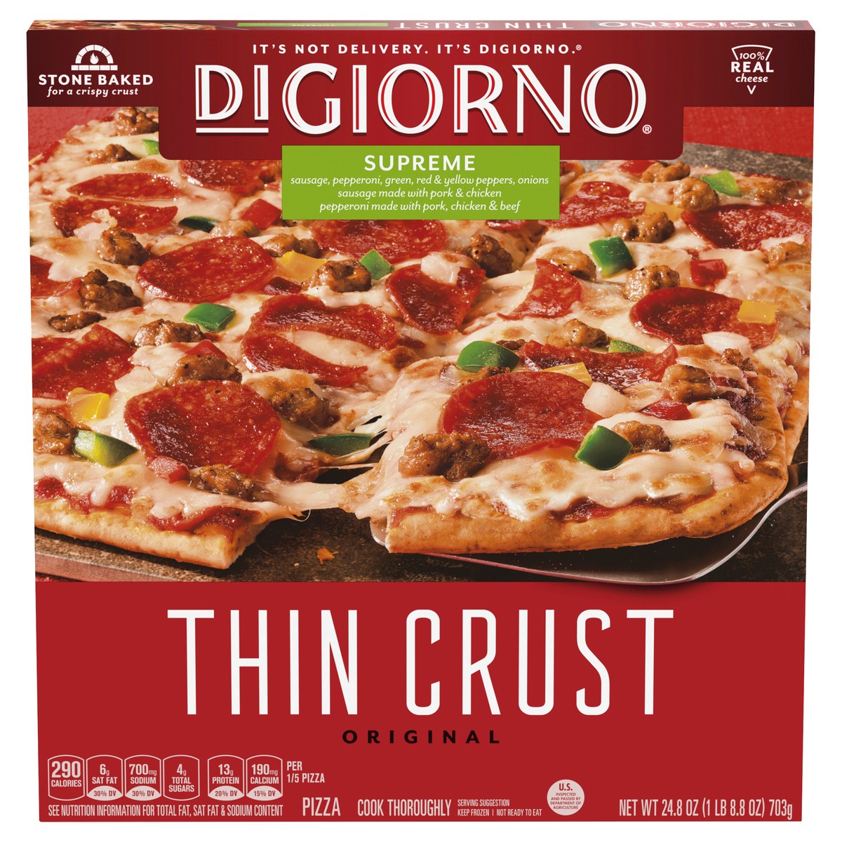 slide 1 of 8, DIGIORNO Frozen Pizza - Supreme Pizza - Thin Crust Pizza, 24.8 oz