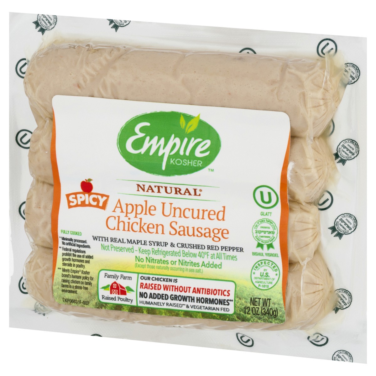 slide 3 of 9, Empire Kosher Natural Apple Uncured Spicy Chicken Sausage 12 oz, 12 oz