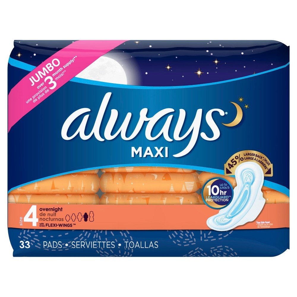 slide 6 of 6, Always Maxi Size 4 Unscented Overnight Pads With Wings, 33 ct