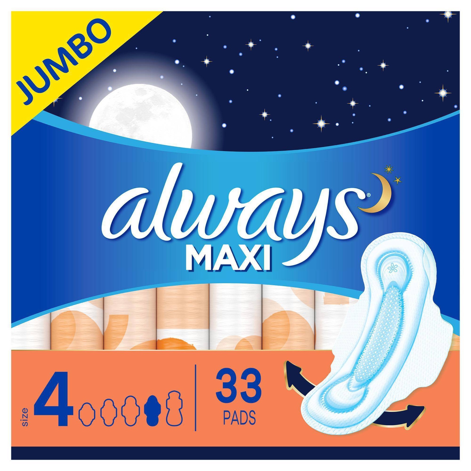 slide 1 of 6, Always Maxi Size 4 Unscented Overnight Pads With Wings, 33 ct