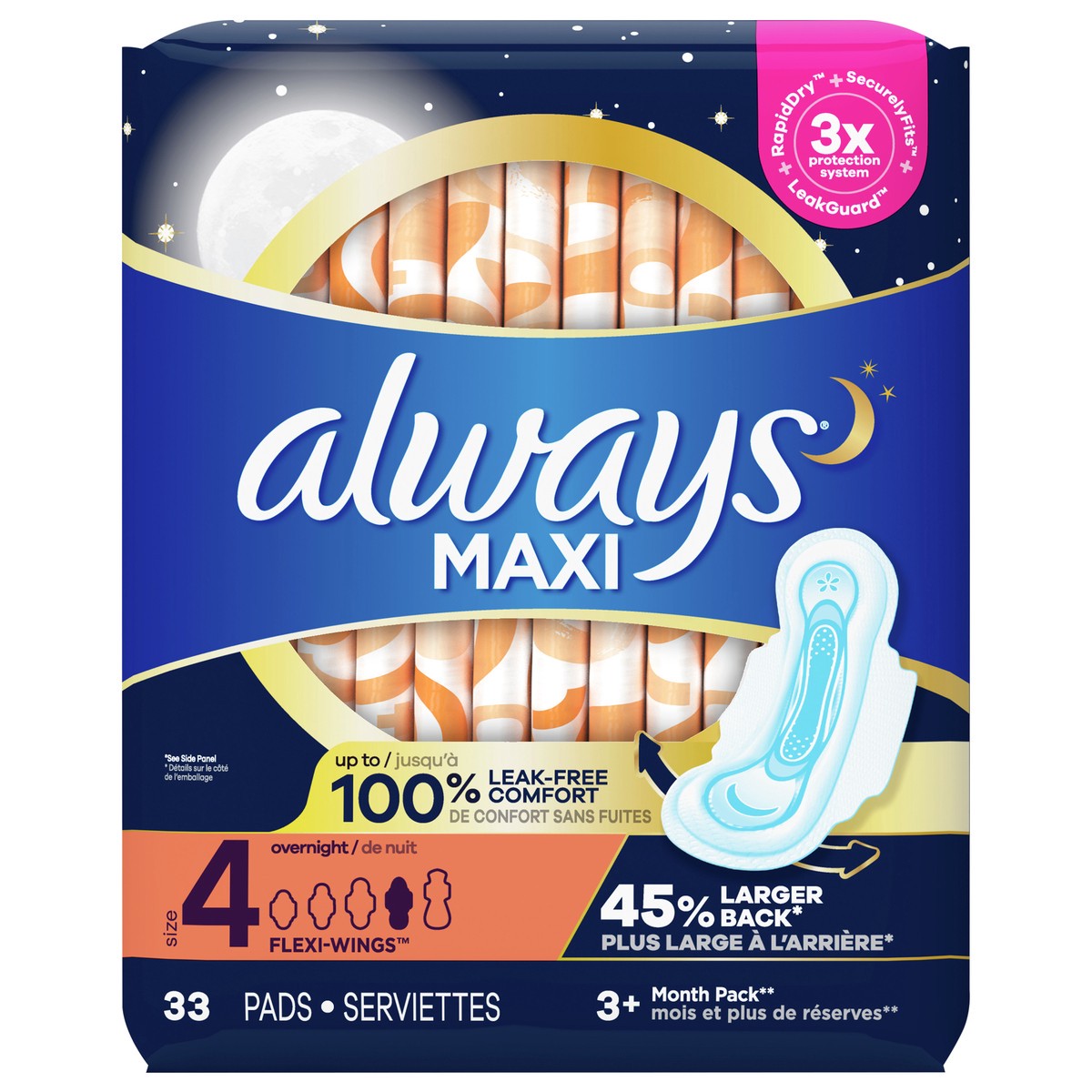 slide 1 of 6, Always Maxi Overnight Pads with Wings, Size 4, Overnight, Unscented, 33 CT, 33 ct