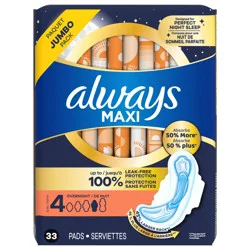 Always Maxi Overnight Pads with Wings for Women, Size 4, Overnight Absorbency, Unscented, 33 Count