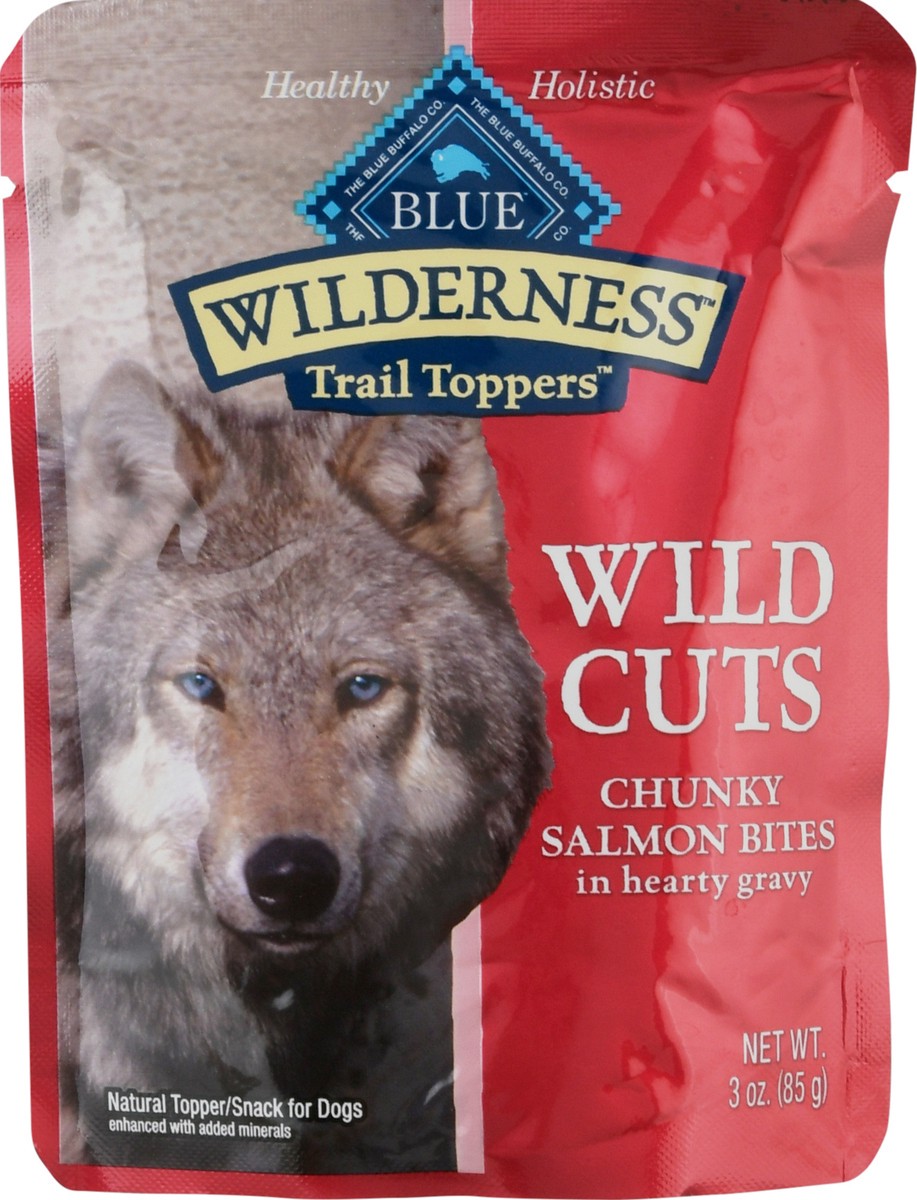 slide 1 of 11, Blue Buffalo Wilderness Trail Toppers Wild Cuts High Protein Grain Free, Natural Wet Dog Food, Chunky Salmon Bites in Hearty Gravy 3-oz pouch, 3 oz