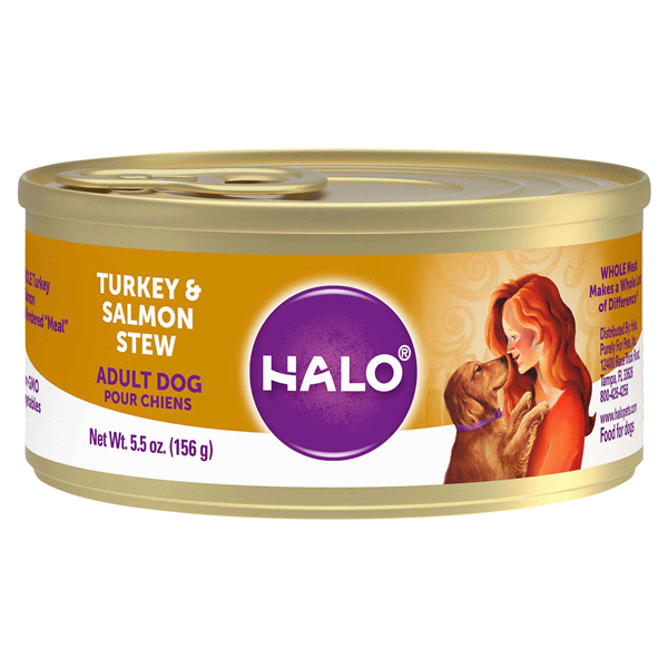 slide 1 of 1, Halo Adult Dog - Turkey & Salmon Stew, 5.5 oz