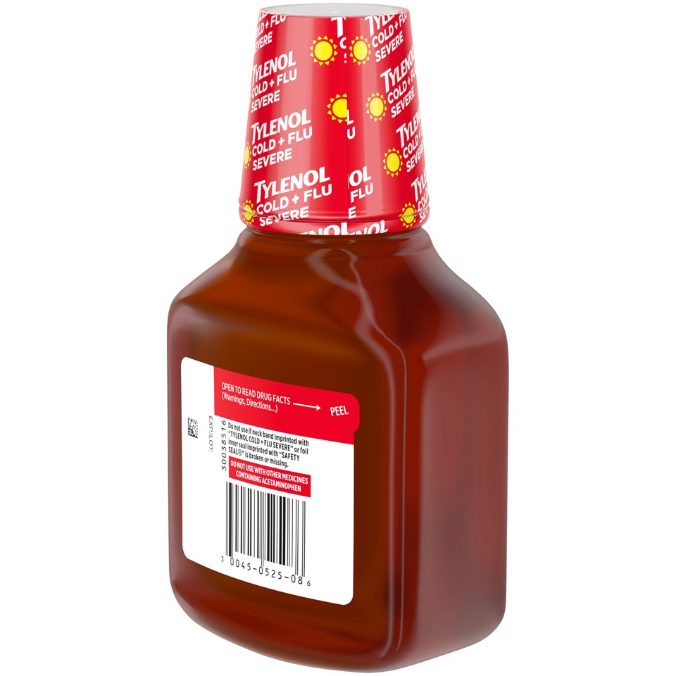 slide 3 of 6, Tylenol Cold + Flu Severe Flu Medicine with Acetaminophen, Dextromethorphan, Guaifenesin, Phenylephrine, Liquid Daytime Cold Relief Plus Chest Congestion, Warming Honey Lemon, 8 fl oz