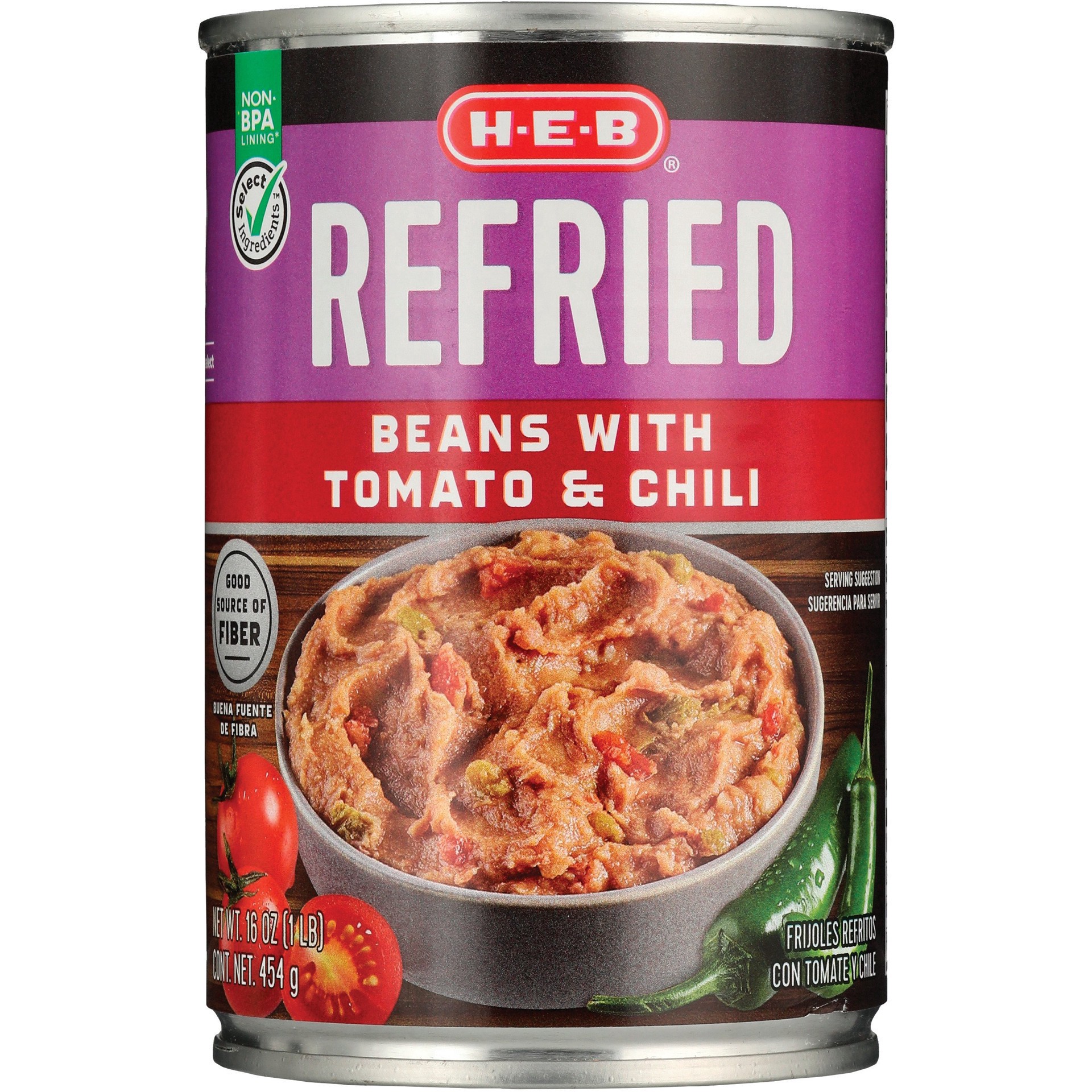 slide 1 of 1, H-E-B Refried Beans with Tomatoes & Chili, 16 oz