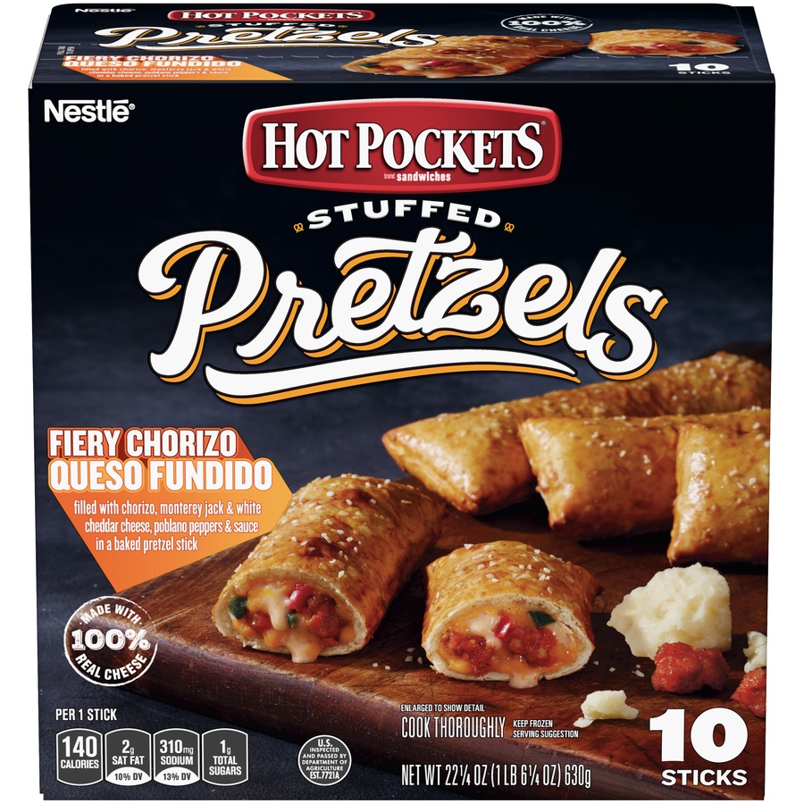 slide 1 of 8, Hot Pockets Fiery Chorizo Queso Fundido Stuffed Pretzels, 10 ct; 22.5 oz