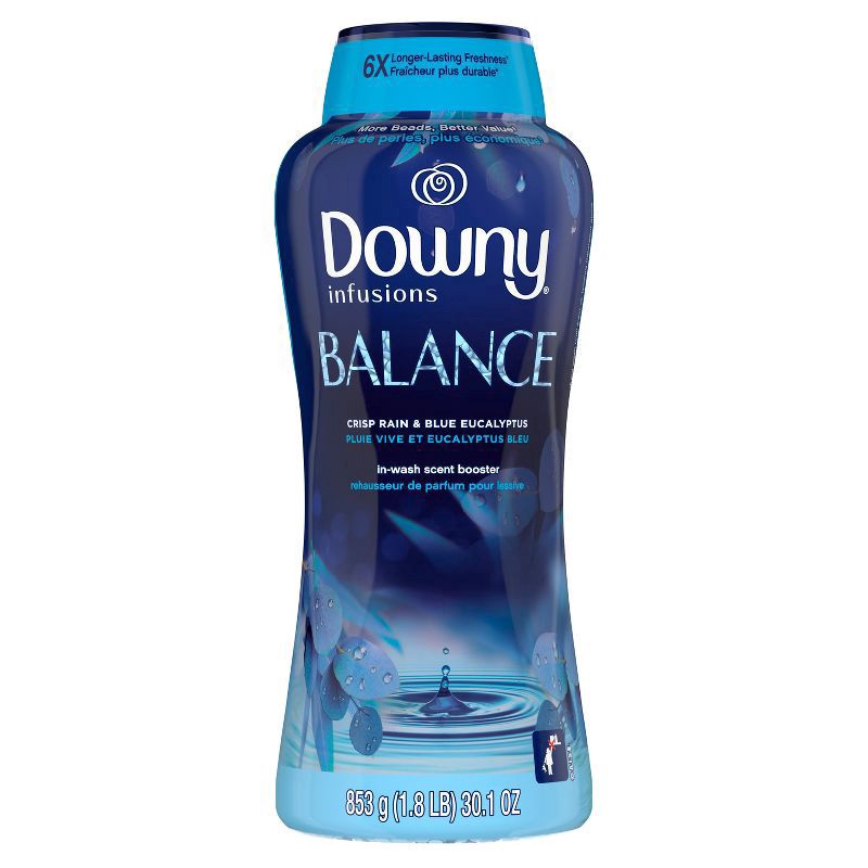 slide 2 of 10, Downy Infusions Balance Crisp Rain & Blue Eucalyptus In-Wash Scent Booster Beads - 30.1oz, 18.2 oz