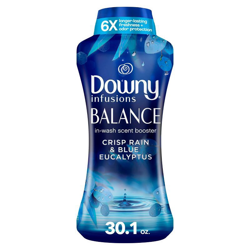 slide 1 of 10, Downy Infusions Balance Crisp Rain & Blue Eucalyptus In-Wash Scent Booster Beads - 30.1oz, 18.2 oz