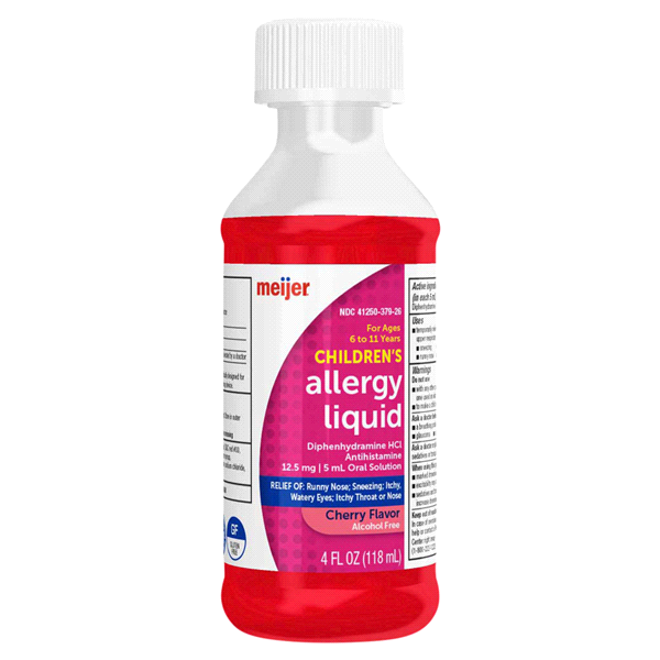 slide 11 of 29, Meijer Children's Allergy Relief, Diphenhydramine HCl / Oral Solution, Antihistamine, Cherry Flavor, 12.5 mg, 5 ml, 4 oz