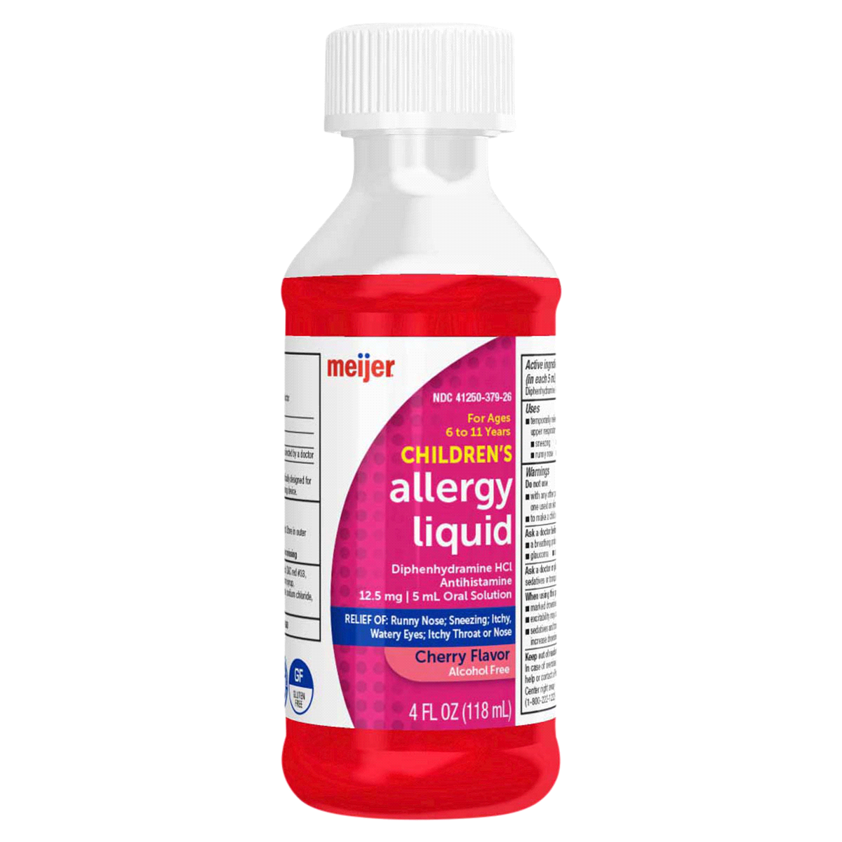 slide 12 of 29, Meijer Children's Allergy Relief, Diphenhydramine HCl / Oral Solution, Antihistamine, Cherry Flavor, 12.5 mg, 5 ml, 4 oz