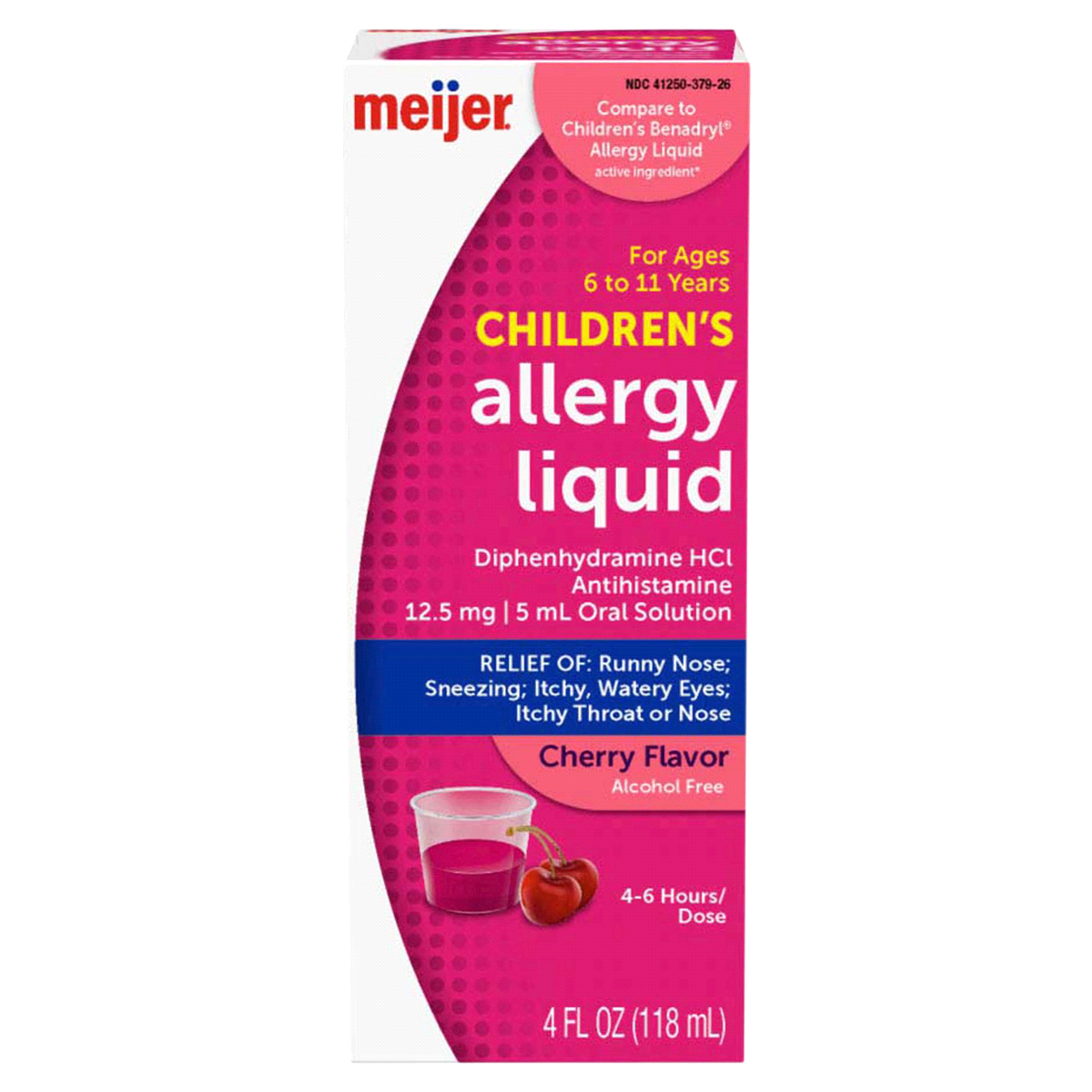 slide 1 of 29, Meijer Children's Allergy Relief, Diphenhydramine HCl / Oral Solution, Antihistamine, Cherry Flavor, 12.5 mg, 5 ml, 4 oz