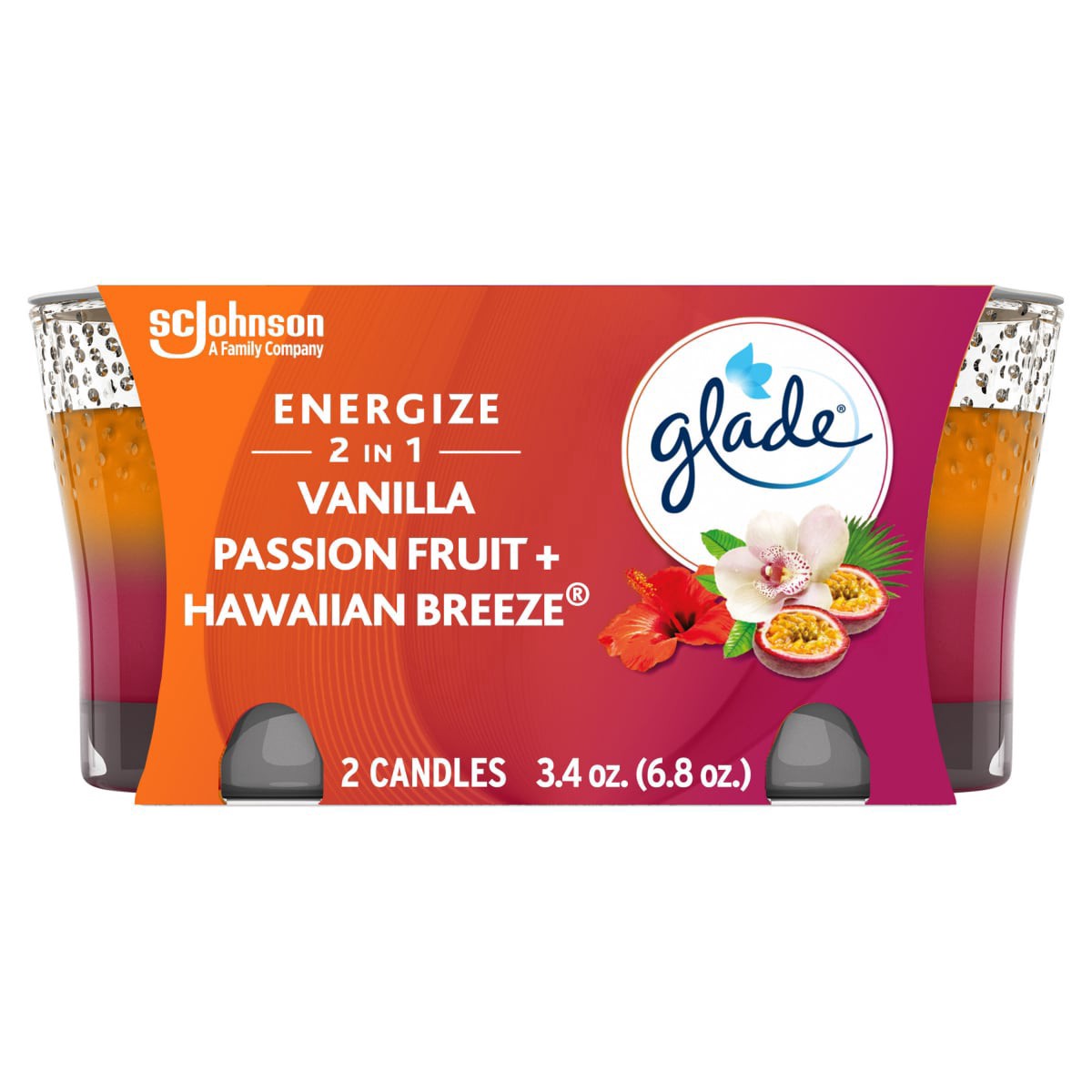slide 1 of 1, Glade Scented Candle Jar, Vanilla Passion Fruit & Hawaiian Breeze 2-in-1, Fragrance Infused with Essential Oils, 3.4 oz, Pack of 2, 3.4 oz