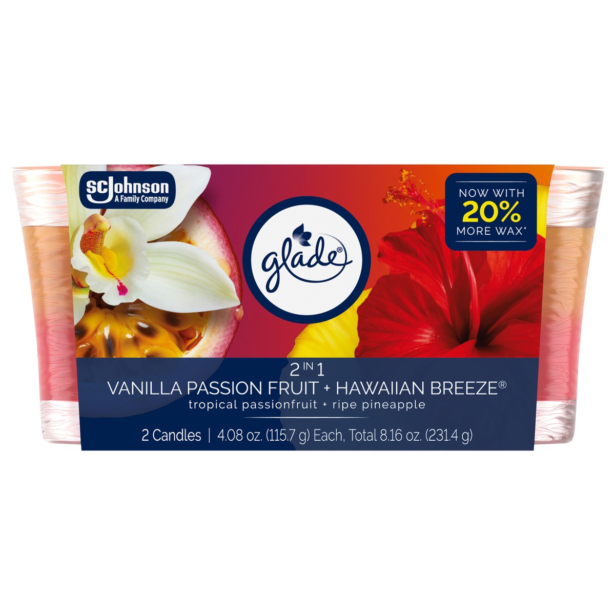 slide 1 of 9, Glade 2in1 Single Wick Candles, Hawaiian Breeze + Vanilla Passionfruit, 8.16 oz, 2 Count, 2 ct