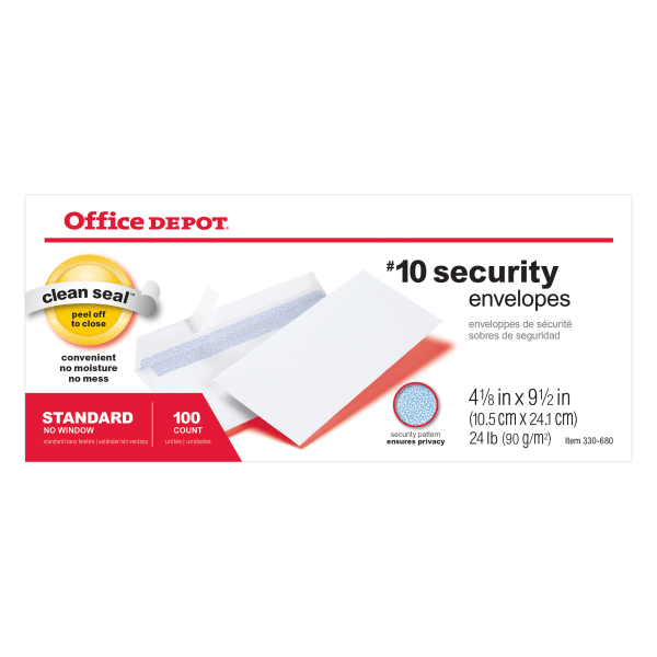 slide 1 of 1, Office Depot Clean Seal Business Envelopes, #10, 4-1/8" X 9-1/2", Box Of 100 Envelopes, 100 ct