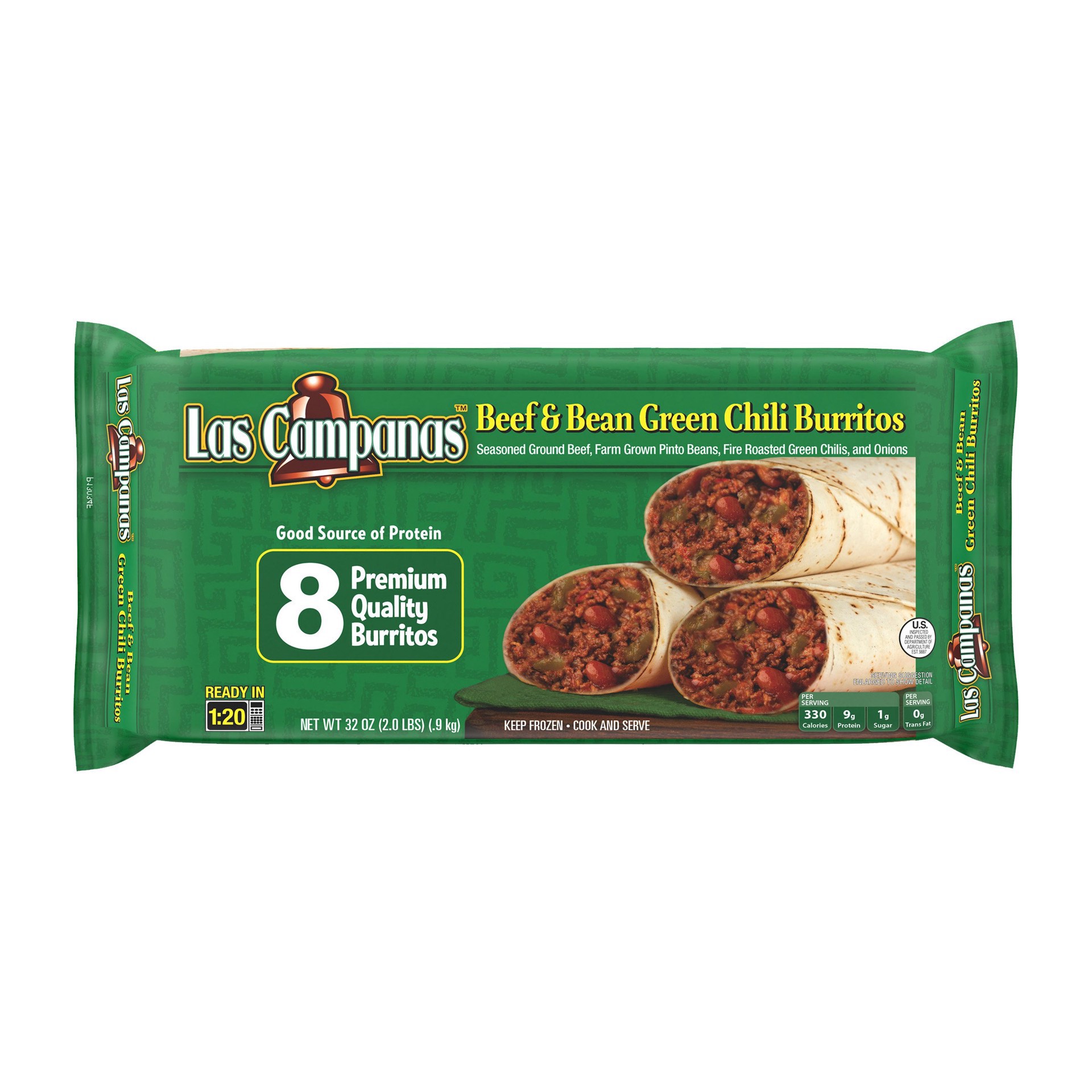 slide 1 of 5, Las Campanas Beef & Bean Green Chili Burritos, 32 oz