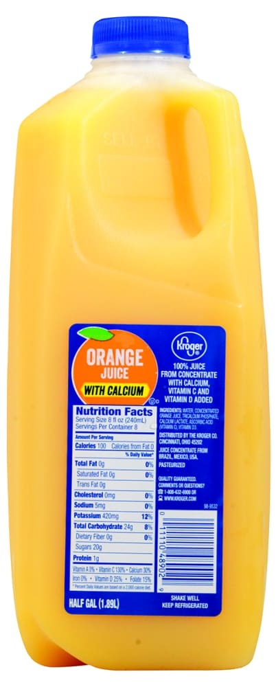 slide 1 of 1, Kroger Orange Juice With Calcium, 1/2 gal