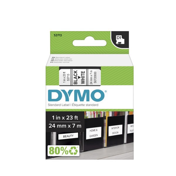 slide 1 of 6, DYMO D1 53713 Black-On-White Tape, 1 in x 23 ft