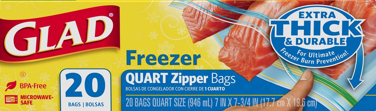 slide 1 of 5, Glad Freezer Quart Zipper Bags 20 ea, 20 ct