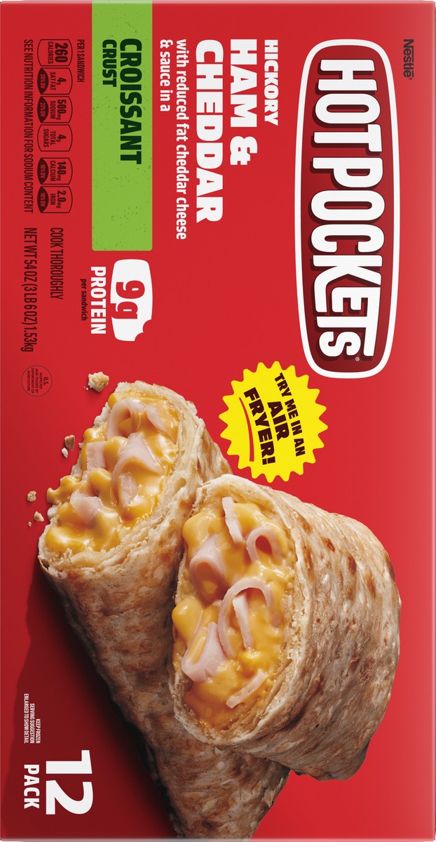 slide 13 of 15, Hot Pockets Hickory Ham & Cheddar Croissant Crust Frozen Snacks, Hot Pockets Made with Real Reduced Fat Cheddar Cheese, 12 Count, 54 oz