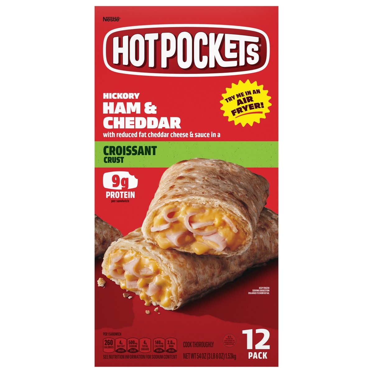 slide 3 of 15, Hot Pockets Hickory Ham & Cheddar Croissant Crust Frozen Snacks, Hot Pockets Made with Real Reduced Fat Cheddar Cheese, 12 Count, 54 oz