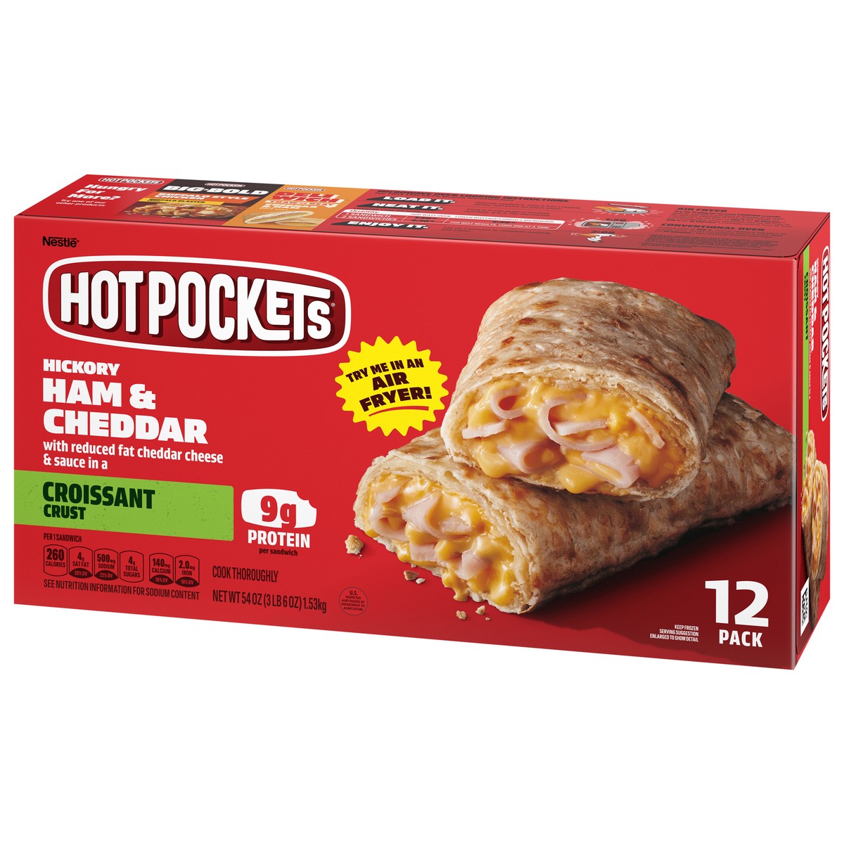 slide 14 of 15, Hot Pockets Hickory Ham & Cheddar Croissant Crust Frozen Snacks, Hot Pockets Made with Real Reduced Fat Cheddar Cheese, 12 Count, 54 oz