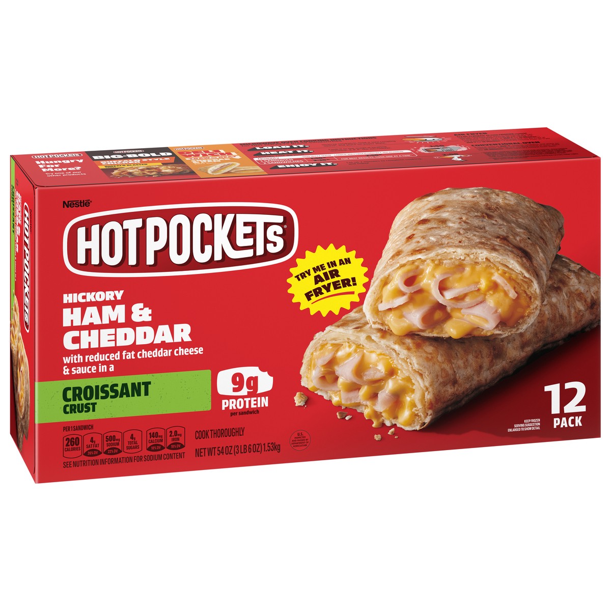 slide 7 of 15, Hot Pockets Hickory Ham & Cheddar Croissant Crust Frozen Snacks, Hot Pockets Made with Real Reduced Fat Cheddar Cheese, 12 Count, 54 oz