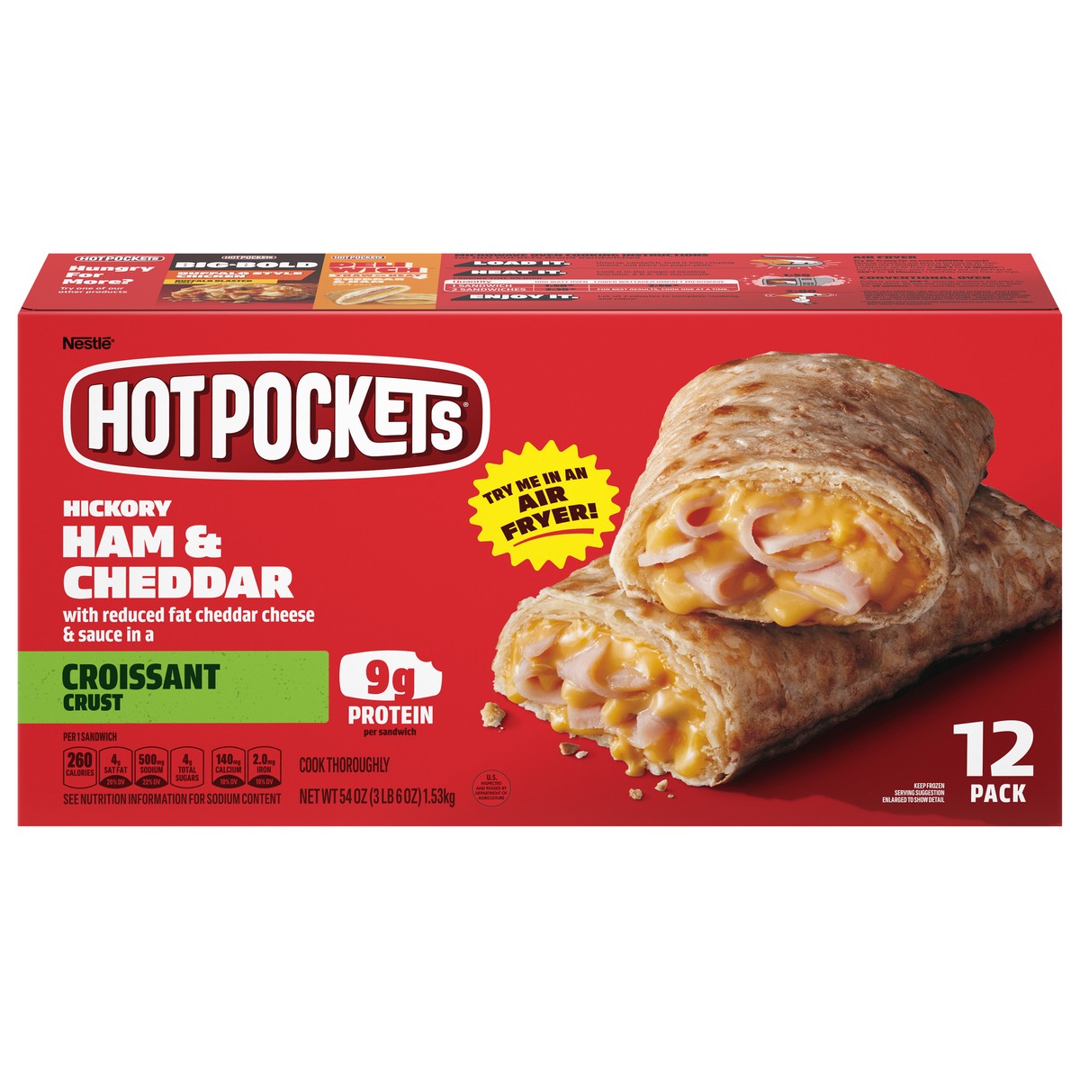 slide 4 of 15, Hot Pockets Hickory Ham & Cheddar Croissant Crust Frozen Snacks, Hot Pockets Made with Real Reduced Fat Cheddar Cheese, 12 Count, 54 oz