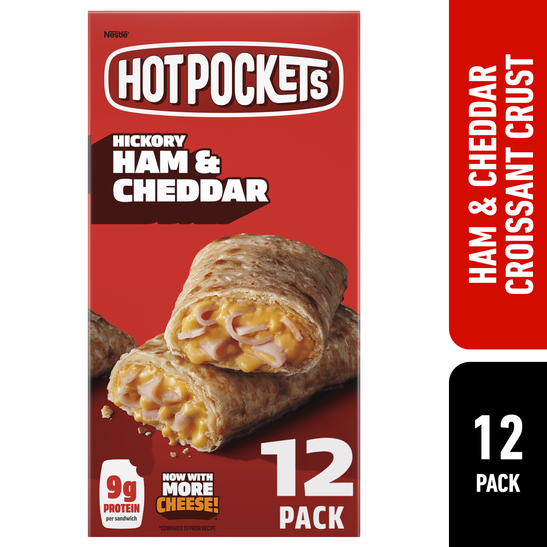 slide 1 of 15, Hot Pockets Hickory Ham & Cheddar Croissant Crust Frozen Snacks, Hot Pockets Made with Real Reduced Fat Cheddar Cheese, 12 Count, 54 oz