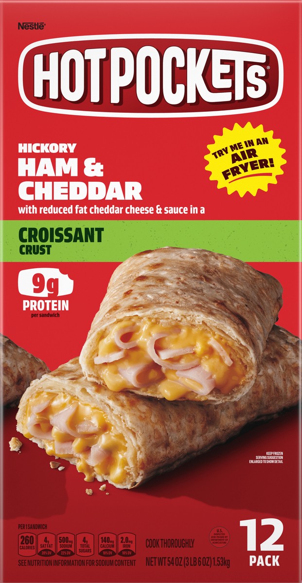 slide 11 of 15, Hot Pockets Hickory Ham & Cheddar Croissant Crust Frozen Snacks, Hot Pockets Made with Real Reduced Fat Cheddar Cheese, 12 Count, 54 oz