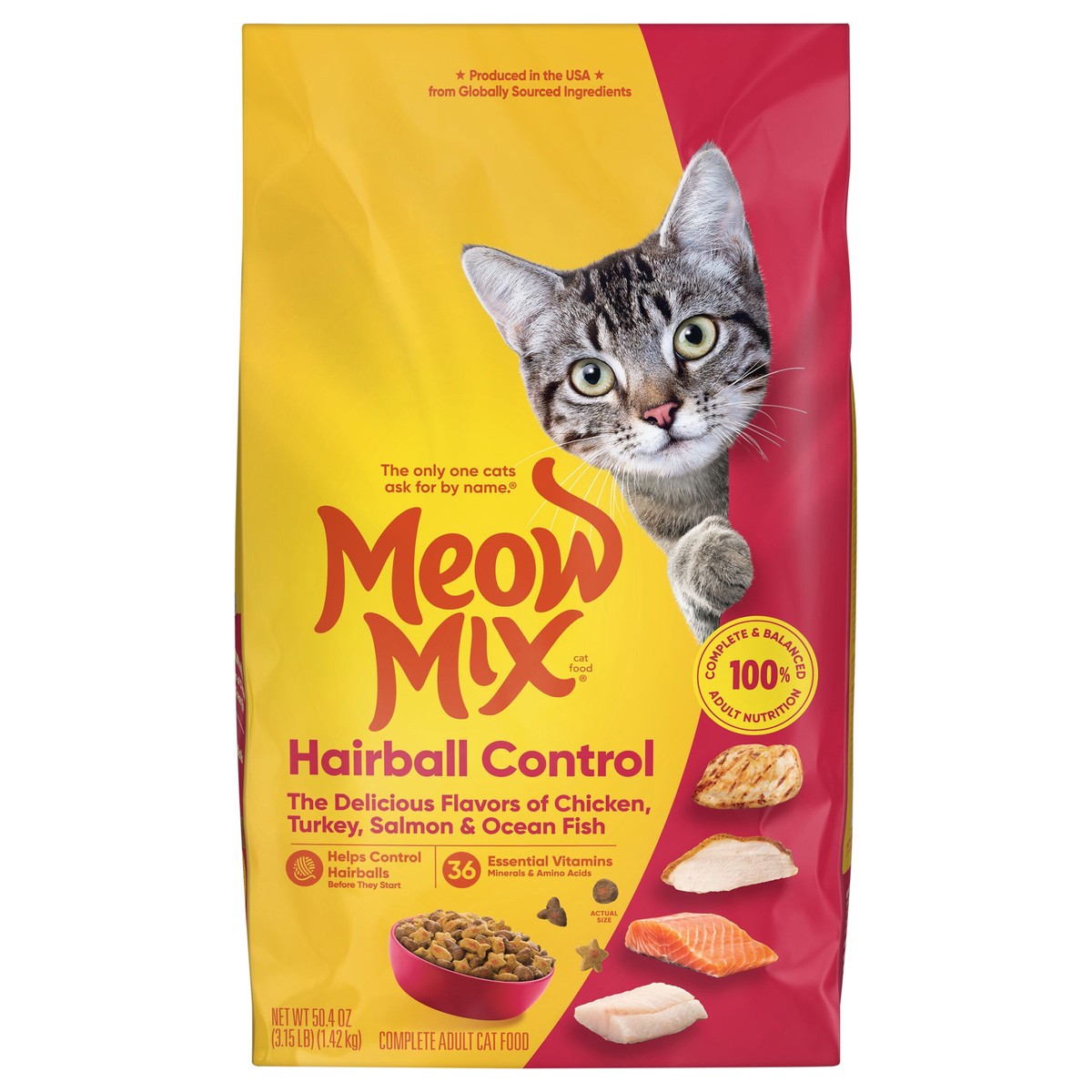 slide 1 of 12, Meow Mix Hairball Control Dry Cat Food, 3.15 Pound Bag, 50.4 oz