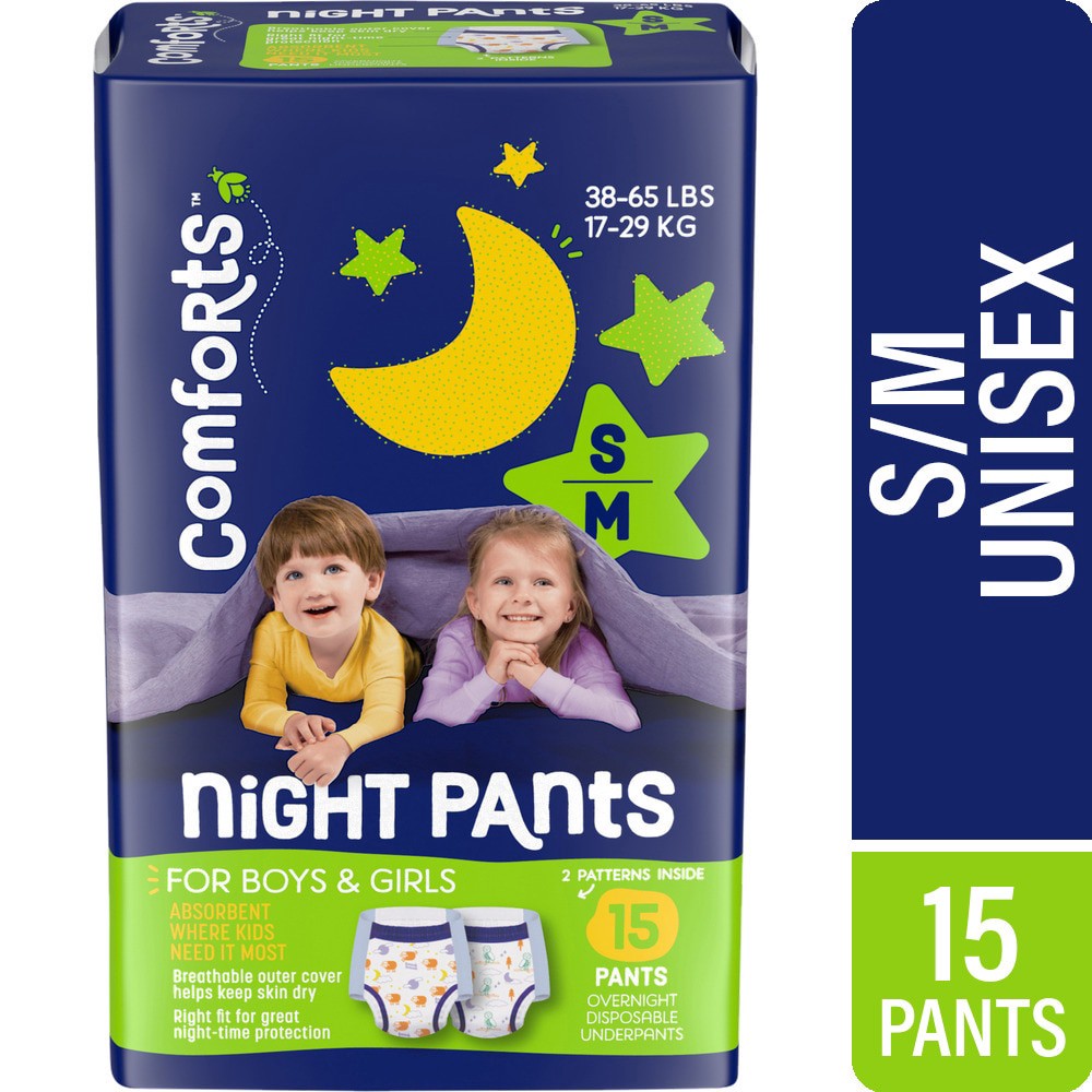 slide 1 of 5, Comforts Nite Pants Sm-Med (38-65 Lbs), 15 ct