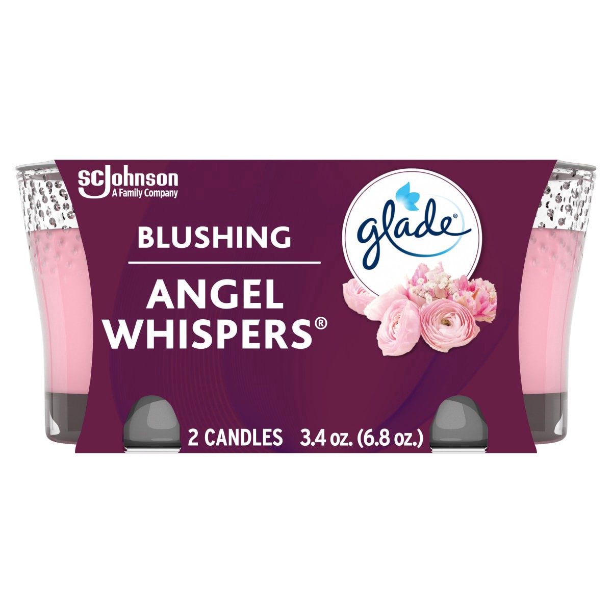 slide 1 of 1, Glade Candle Angel Whispers Scent, 1-Wick, 3.4 oz (96.3 g) Each, 2 Counts, Fragrance Infused with Essential Oils, Notes of Bulgarian Rose, Peach, White Floral Bouquet, Lead-Free Wick Scented Candles, 3.4 oz, 96.3 gram, 2 ct