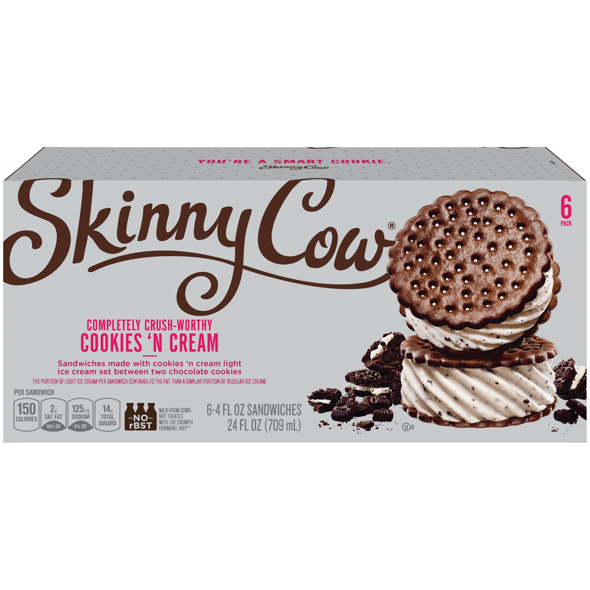 slide 1 of 2, Skinny Cow Completely Crush-Worthy Cookies 'N Cream Ice Cream Sandwich, 6 ct