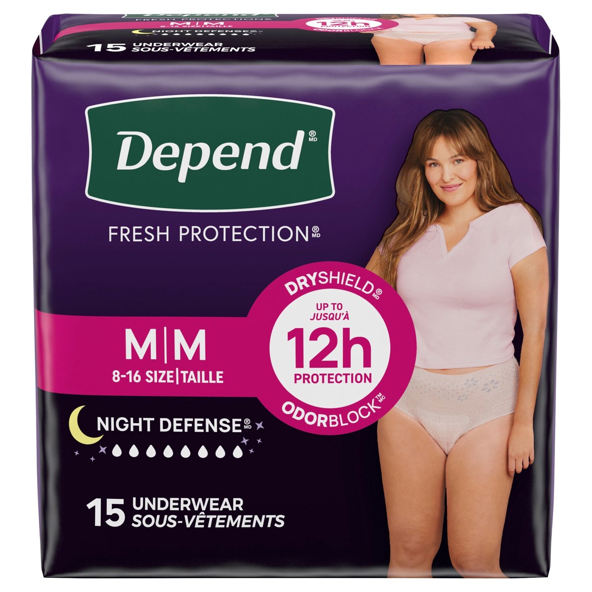 slide 1 of 1, Depend Night Defense Adult Incontinence & Postpartum Bladder Leak Underwear for Women, Disposable, Overnight, Medium, Blush, 15 Count, 15 ct