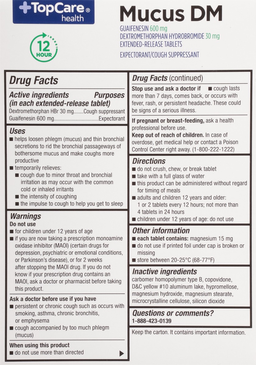 slide 9 of 9, TopCare Health Guaifenesin/Dextromethorphan Hydrobromide 600 mg/30 mg Mucus DM 40 Extended-Release Tablets, 40 ct