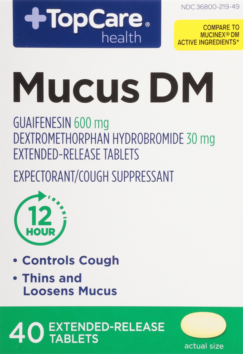 slide 6 of 9, TopCare Health Guaifenesin/Dextromethorphan Hydrobromide 600 mg/30 mg Mucus DM 40 Extended-Release Tablets, 40 ct