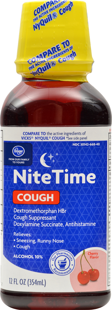 slide 1 of 1, Kroger Multi-Symptom Cherry Flavored Nitetime Cough Relief, 12 fl oz